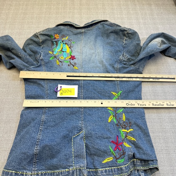 Boston Proper Womens Denim‎ Jacket Small Blazer Embroidered Birds Flowers Boho - Picture 8 of 14